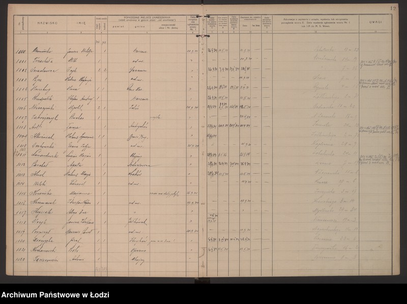 Obraz 15 z jednostki "Księga kontroli ruchu ludności (rejestr osób przybywających do gminy) Łódź, komisariat XIII, nr 1-1466, nr 1-1559"