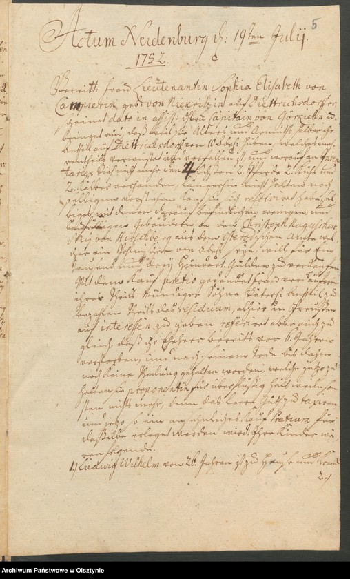 image.from.unit.number "In S. [Sachen] der verwittibten Lieutenantin Sophia Elisabeth von Campier. Den Verkauff ihrer 10 Adelichen Huben in Dietrichsdorff [Wietrzychowo] an den Christoph von Naguschewski"