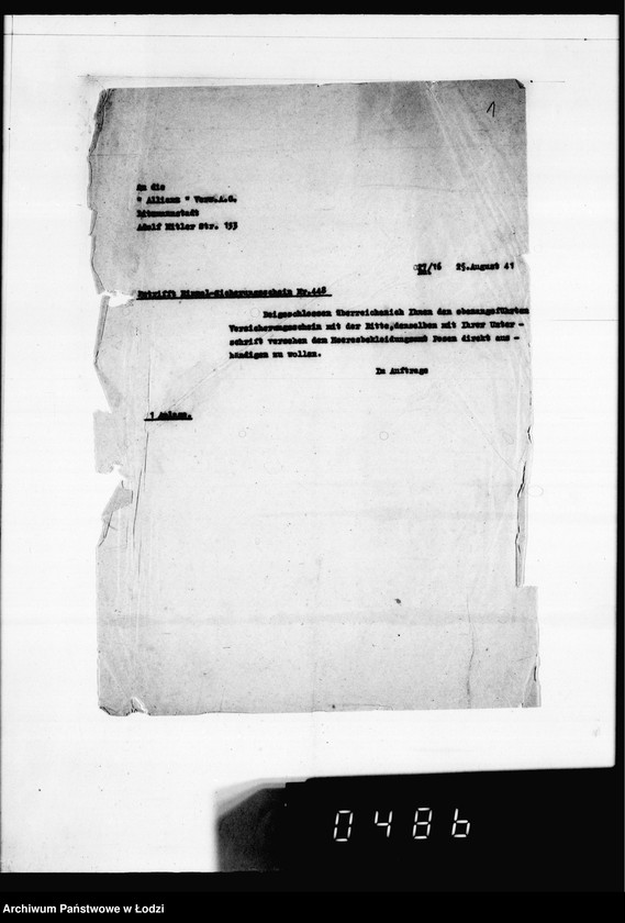 Obraz 5 z jednostki "Versicherungsakten Gesel[l]schaft [Korespondencja i polisy ubezpieczeniowe budynków i magazynów z żywnością, odzieżą, surowcami do produkcji w Getcie Łódzkim]"