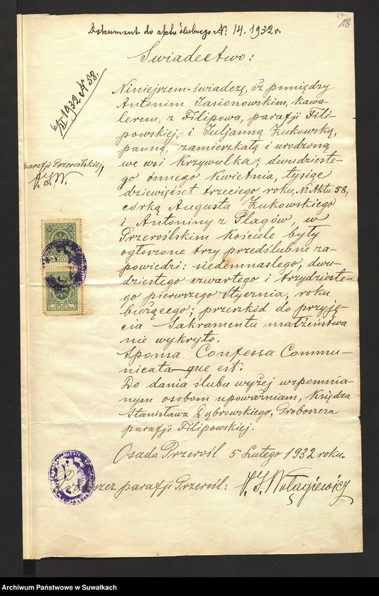 image.from.unit.number "Dokumenty przedstawione do ślubnych aktów stanu cywilnego sporządzonych w roku 1932 w parafji rzymsko-katolickiej Filipów"