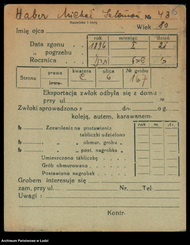 Obraz 16 z jednostki "Kartoteka osób pochowanych na cmentarzu żydowskim przy ulicy Brackiej w latach 1892-1961. Nazwiska na litery: Ha-Helme"