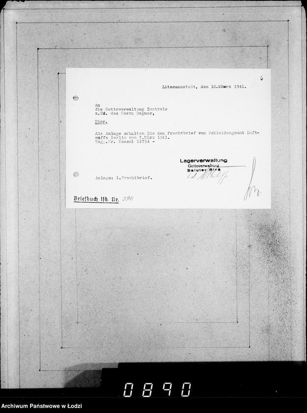 Obraz 10 z jednostki "Ablage [Korespondencja dostawców do Getta dot.wagonowych przesyłek produktów żywnościowych, opału do stacji Radogoszcz]"