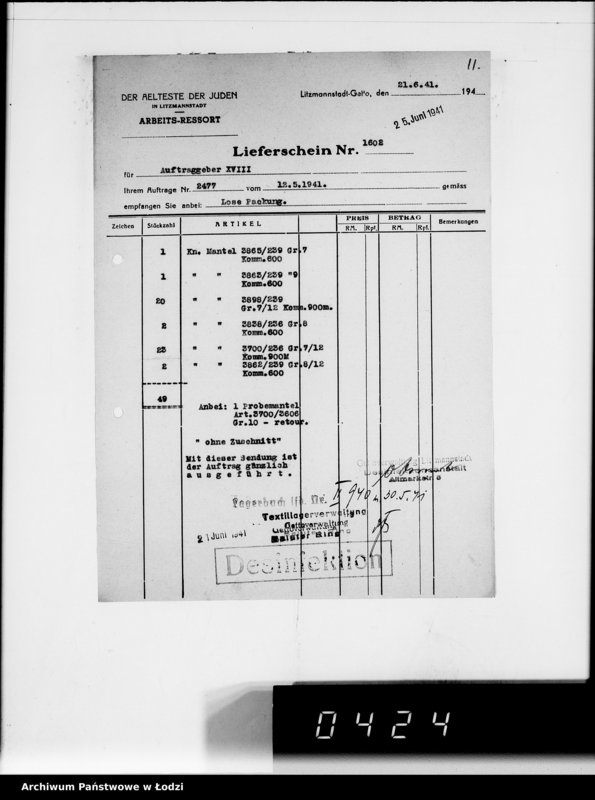 Obraz 15 z jednostki "[Dowody dostawy odzieży dla firmy dla Asmann u.Co.Berlin"