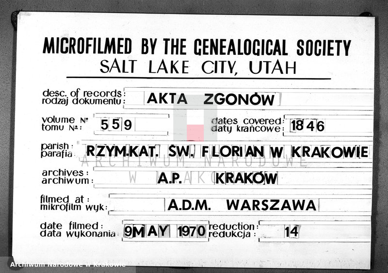 image.from.unit.number "Księga Aktów Zejścia dla Parafii So. Floryana na Kleparzu na rok 1846 sporządzona"