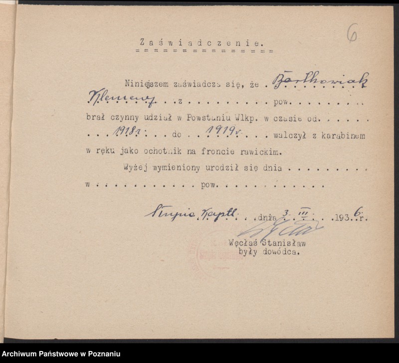 Obraz 9 z jednostki "Słupia Kapitulna, powiat Rawicz - indywidualne zaświadczenia o uczestnictwie w powstaniu."