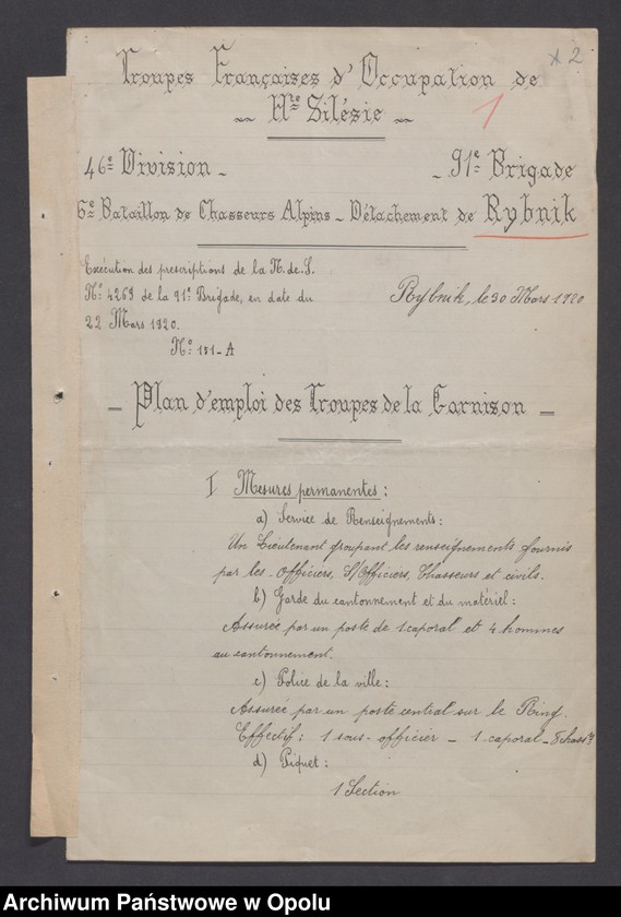 Obraz 4 z jednostki "/Plany obrony poszczególnych garnizonów przez oddziały wojsk francuskich na Górnym Śląsku na wypadek alarmu/"