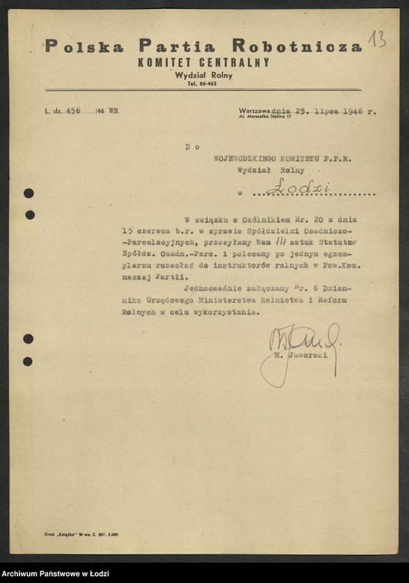 Obraz 14 z jednostki "Korespondencja [Wydziału z Wydziałem Rolnym] Komitetu Centralnego"