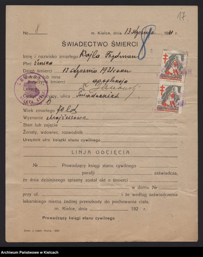 image.from.unit.number "Załączniki do akt zgonu Okręgu Bożniczego Kielce za rok 1931"