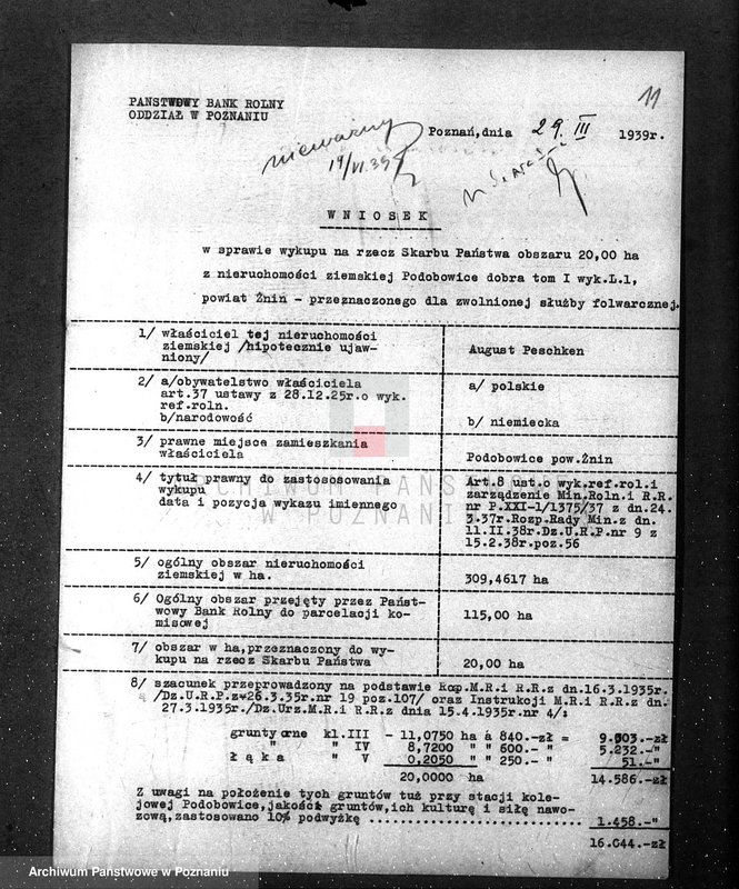 Obraz 15 z jednostki "Majątek Podobowice w powiecie żnińskim nabycie nieruchomości w trybie art.. 8 ustawy o wykonaniu reformy rolnej"