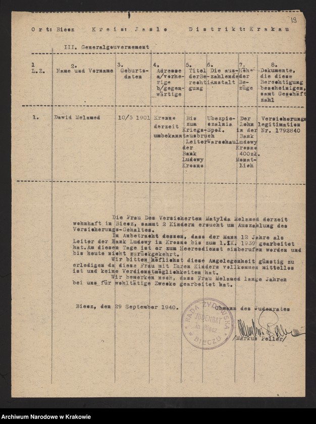 image.from.unit.number "Kwestionariusze Żydów z miejscowości: Baligród /30 IX 1940/, Baranów Sandomierski, Bieżanów, Biecz /25 i 29 IX 1940/, Błażowa, Bobowa /23 IX 1940/, Bochnia /15 XI 1940/, Boratyń /12 X 1940/, Borek Fałęcki /7 XI 1940/, Brzesko, Brzostek, Czudec."