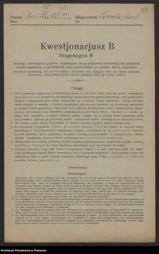 Obraz 15 z jednostki "[Kwestionariusze dotyczące stwierdzenia gruntów znajdujących się po niemieckiej stronie pogranicza a zarządzanych przez zamieszkałych po stronie polskiej] powiat kościański"