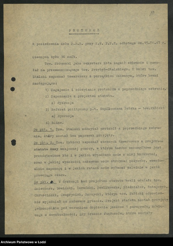 Obraz 12 z jednostki "Protokoły posiedzeń koła partyjnego przy Komitecie Wojewódzkim Polskiej Partii Robotniczej"