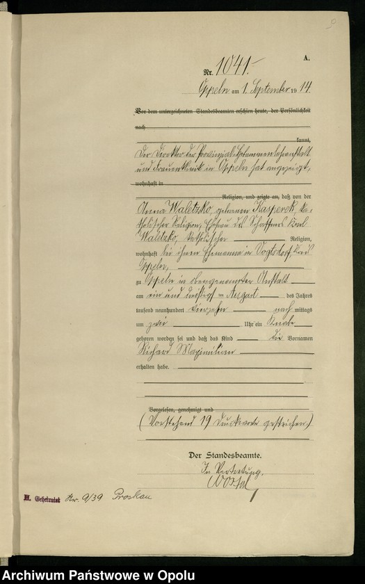 Obraz 13 z jednostki "Urząd Stanu Cywilnego Opole Księga Urodzeń Rok 1914 1034-1493"