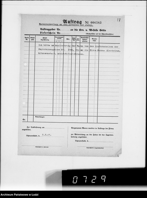 Obraz 17 z jednostki "Warenverwertung am Lager 91. [Aufträge] 6401-6600"