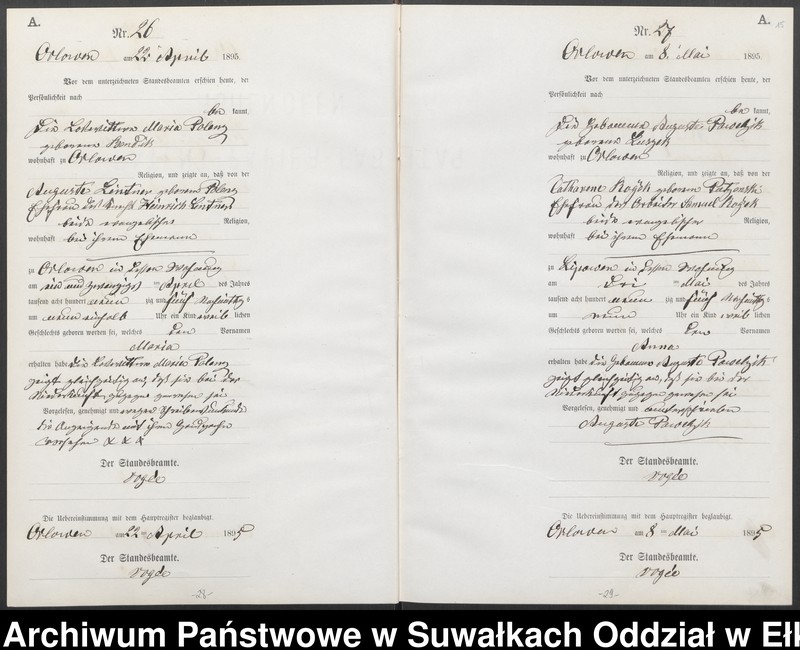 image.from.unit.number "Geburts-Neben-Register des Preussischen Standes-Amtes Orlowen Kreis Loetzen für das Jahr 1895"