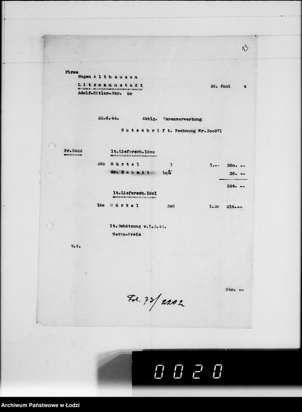 Obraz 18 z jednostki "Ausgehende Rechnungen [za dostawy towarów dla Getta]"