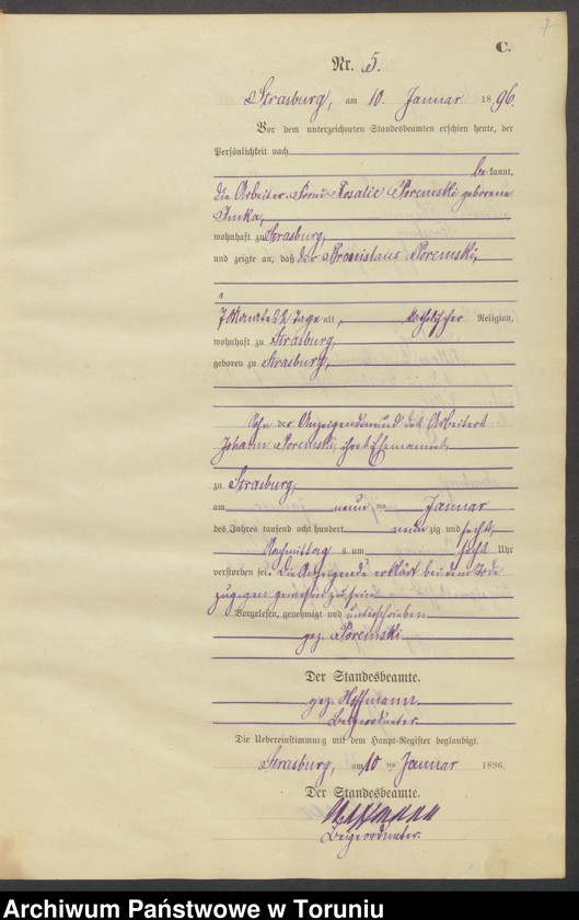 image.from.unit.number "Sterbe-Neben-Register Strasburg , Stadt für das Jahr 1896"