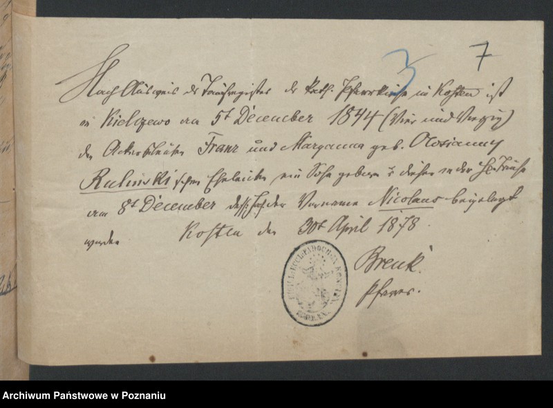 Obraz 9 z jednostki "Die von den Verlobten beigebrachten Urkunden zur Eheschliessung pro 1878"