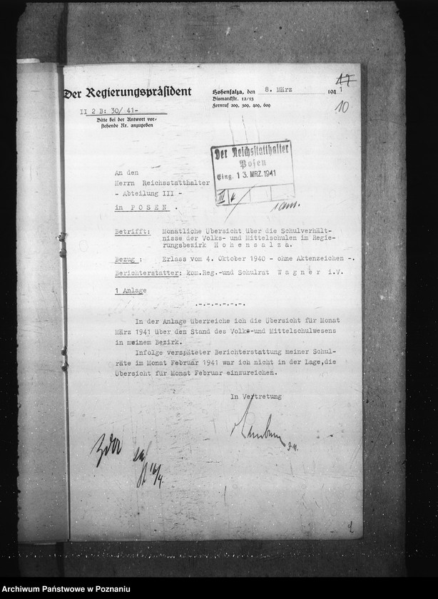 Obraz 14 z jednostki "Monatliche übersichten über die Schulverhältnisse- Regierungsbezirk Hohensalza (Inowrocław)"