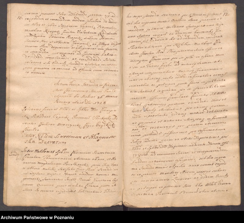 Obraz 13 z jednostki "Protocollon nobilis officii consularis civitatis SR.Mtis Posnaniae incipit ab anno 1728 sub felici regimine nobilis et spectabilis domini Michaelis Czempiński proconsulis praesidentis eiusdem civitatis ..."
