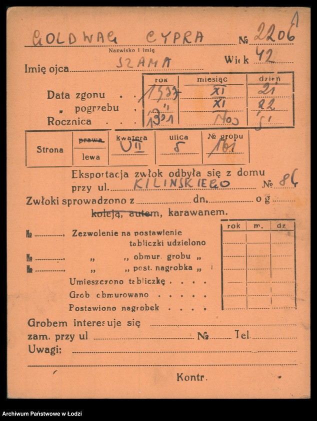 Obraz 2 z jednostki "Kartoteka osób pochowanych na cmentarzu żydowskim przy ulicy Brackiej w latach 1892-1959. Nazwiska na litery: Goldw-Gö"