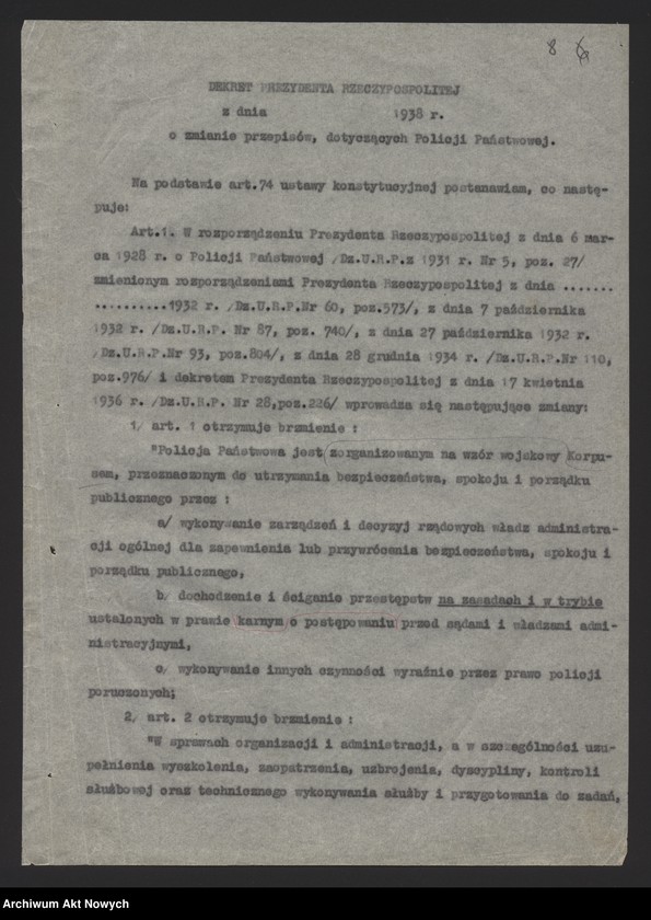image.from.unit.number "Nowelizacji rozporządzenia Prezydenta Rzeczpospolitej o Policji Państwowej. Projekt dekretu, korespondencja."