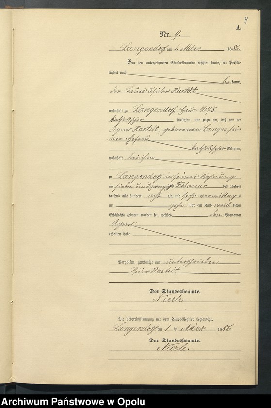Obraz 13 z jednostki "Geburts-Neben-Register des Standesamts Langendorf pro 1886"