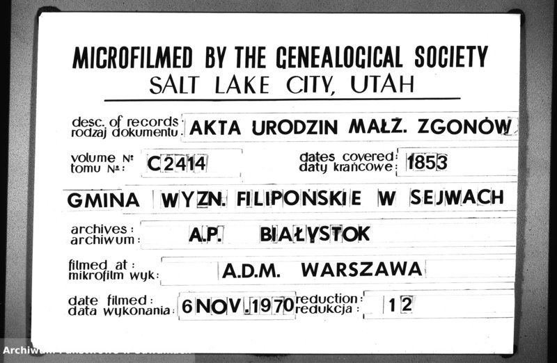 image.from.unit.number "Duplikat Urodzonych Zmarłych i Zaślubionych Sekty Filiponów z Gminy Sejwy za rok 1853"