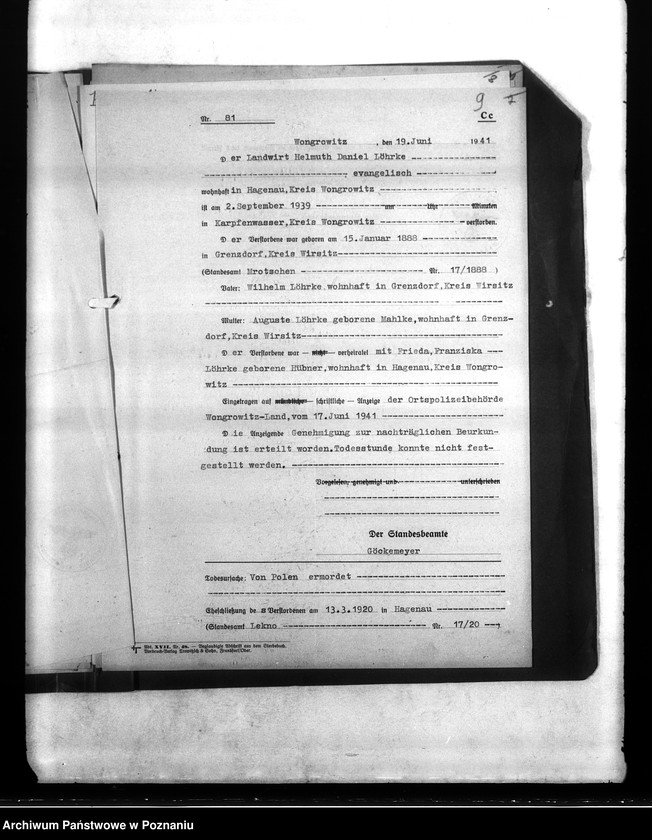 Obraz 14 z jednostki "Wykazy miejscowych Niemców, którzy zginęli w 1939 roku. Kreis Wongrowitz (Wągrowiec)"