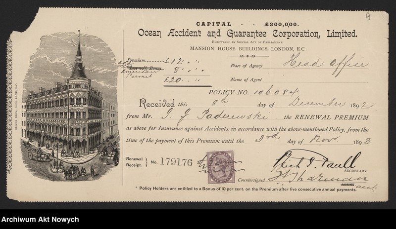 image.from.unit.number "Europejskie towarzystwa ubezpieczeniowe. Polisy, przekazy, zestawienia, korespondencja"