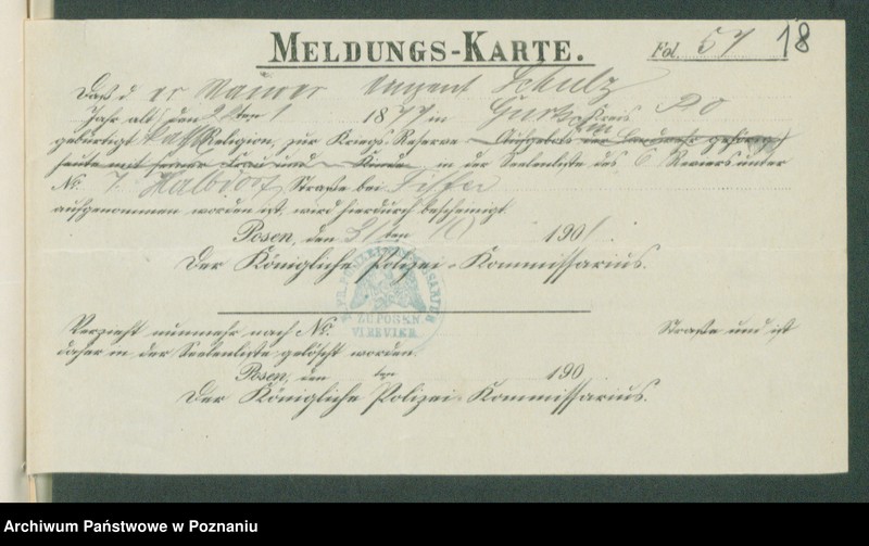 Obraz 20 z jednostki "[Dokumenty dostarczone przez narzeczonych do zawarcia związku małżeńskiego za 1901 rok. Tom XVIII]"