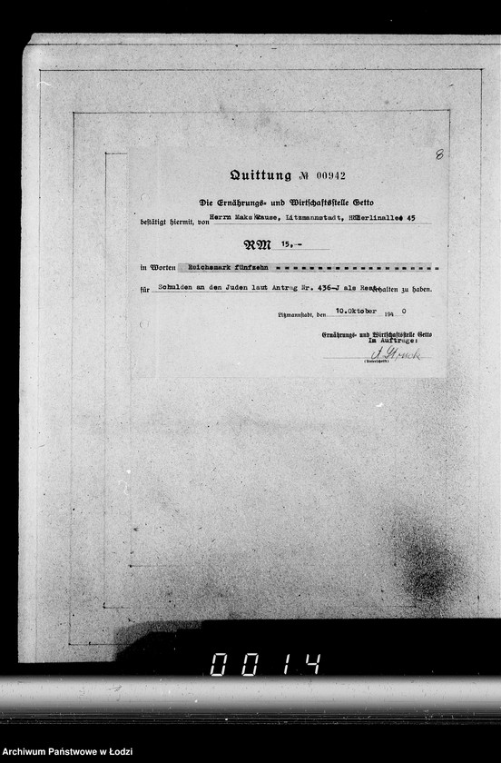 Obraz 12 z jednostki "J[uden] 436-450 [Wnioski Żydów z Getta o zwrot należności za pracę lub towar wzięty na kredyt]"