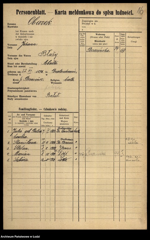 Obraz 18 z jednostki "[Spis ludności Łodzi] Obalska-Ochocki"