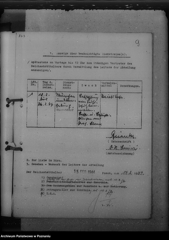 Obraz 13 z jednostki "Genehmigungen der Dienstreisen / Archivgut - Bytyn, Ceradz, Tarnowo, Starpel / i inne wyjazdy służbowe"