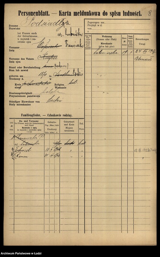 Obraz 10 z jednostki "[Spis ludności Łodzi] Podsadnik-Pokrzywa"