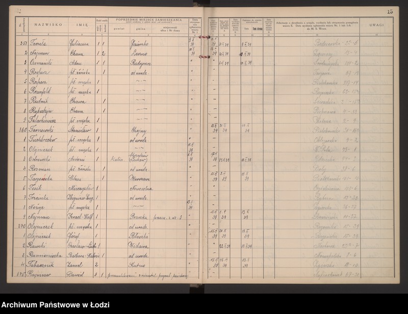 Obraz 19 z jednostki "Księga kontroli ruchu ludności (rejestr osób przybywających do gminy) Łódź, zespół VI, lit. N, O, R, T"