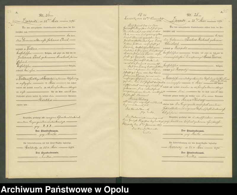 Obraz 15 z jednostki "Geburts-Neben-Register Standesamts Koppitz pro 1895"