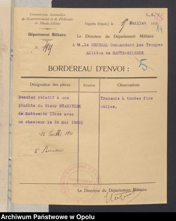 Obraz 16 z jednostki "Commandement Superieur des Forces Alliees en Haute-Silesie-Entrees /Korespondencja wpływająca pochodząca od władz wyższych i jednostek podległych/ 29.06.1920 - 30.10.1920"