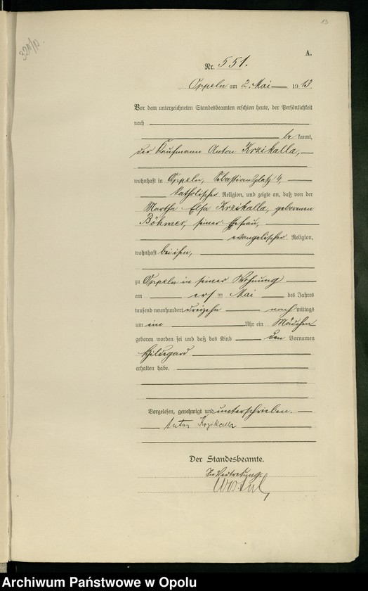 Obraz 17 z jednostki "Urząd Stanu Cywilnego Opole Księga Urodzeń Rok 1913 540-1057"