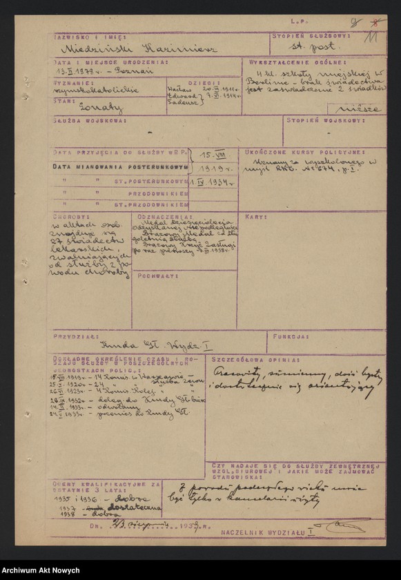 image.from.unit.number "Ewidencja szeregowych Policji Państwowej, zatrudnionych w pracy biurowej w Wydziale I Komendy Głównej Policji Państwowej. Wykazy."