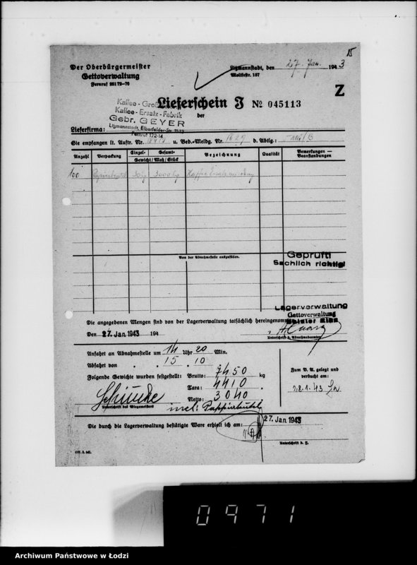 Obraz 20 z jednostki "Lebensmitteleinkauf. Aufträge, [Lieferscheinen und Rechnungen] 18371-18420. [Dostawa artykułów pierwszej potrzeby do Getta]"