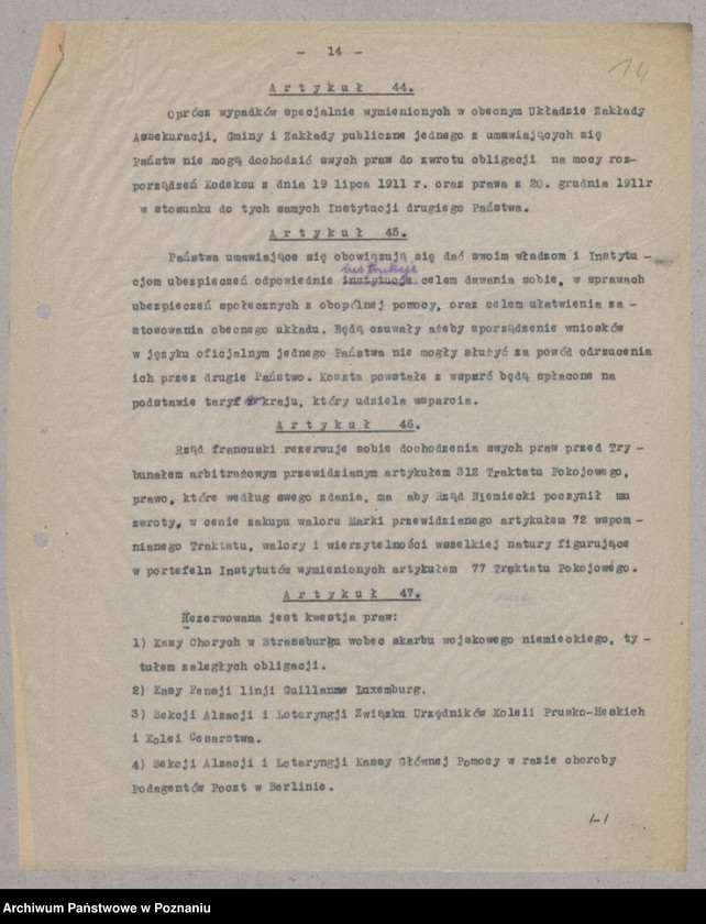 Obraz 16 z jednostki "[Materiały dotyczące rozliczeń Francji z Niemcami zgodnie z Traktatem Wersalskim odnośnie ubezpieczeń społecznych]"