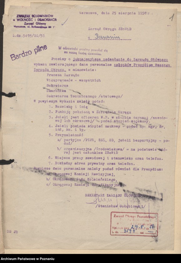 Obraz 9 z jednostki "Wykaz członków Prezydium Zarządu Okręgu Związku Bojowników o Wolność i Demokrację w Poznaniu."