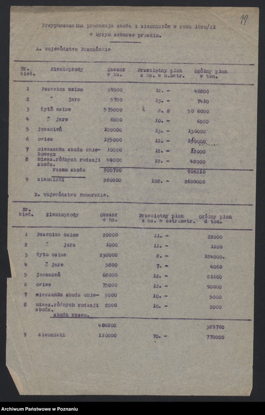 Obraz 18 z jednostki "[Wyniki oszacowania plonów roślin kłosowych, okopowych i strączkowych w Księstwie Poznańskim w 1919 roku], stan ziemiopłodów i plony w 1920 roku"
