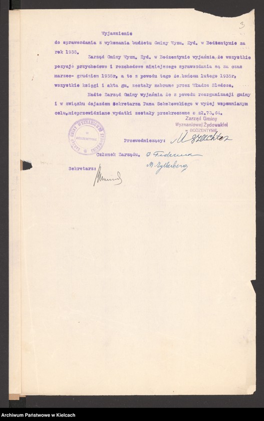 image.from.unit.number "Sprawozdanie z wykonania budżetu za 1935 r gminy wyznaniowej żydowskiej w Bodzentynie"