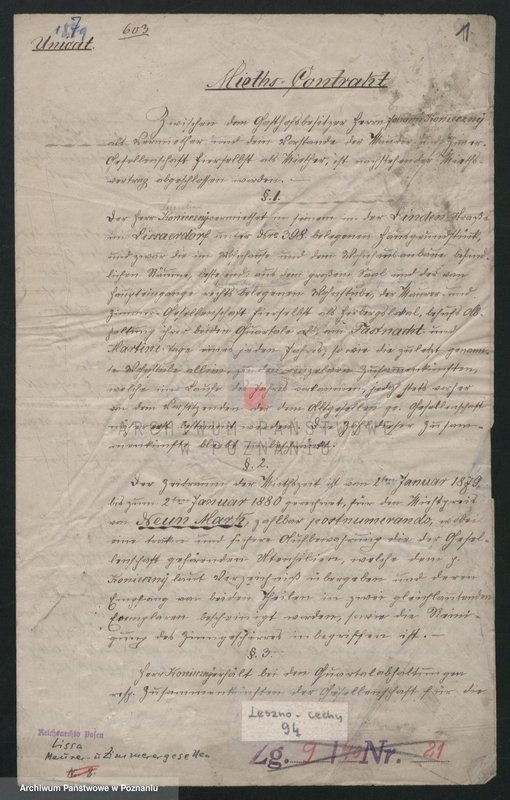 Obraz 2 z jednostki "[Kontrakt zawarty między Janem Koniecznym jako właścicielem oberży i władzami stowarzyszenia czeladników murarskich i ciesielskich w Lesznie o wydzierżawienie pomieszczeń oberży]"