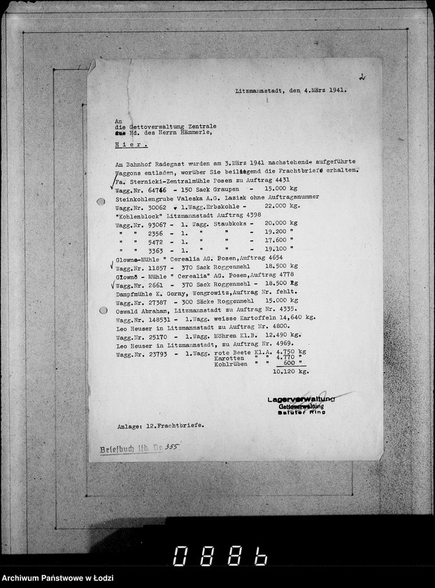 Obraz 6 z jednostki "Ablage [Korespondencja dostawców do Getta dot.wagonowych przesyłek produktów żywnościowych, opału do stacji Radogoszcz]"