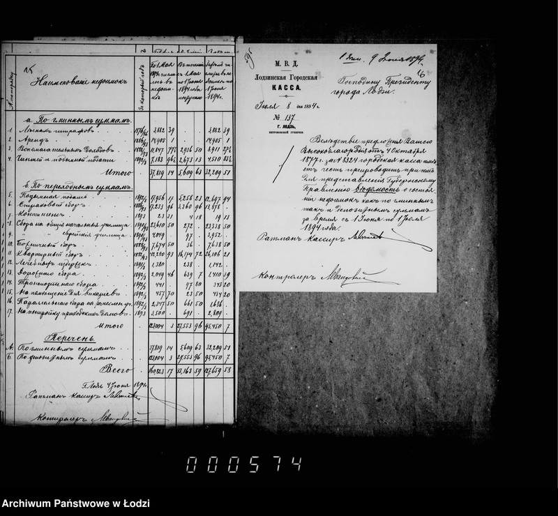Obraz 15 z jednostki "O nedoimkach po lodzinskoj gorodskoj kasse za 1894 i 1895 gg po uezdnomu kaznačejstvu za pol 1895 g"