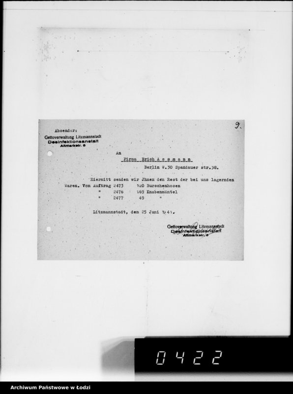 Obraz 13 z jednostki "[Dowody dostawy odzieży dla firmy dla Asmann u.Co.Berlin"