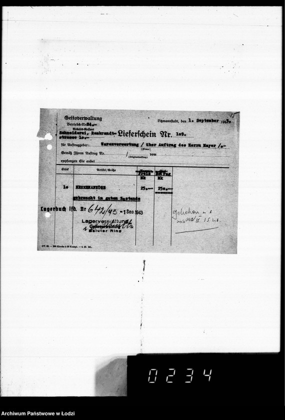 Obraz 19 z jednostki "Warenverwertung an den Ältesten der Juden 4 kompl.Gardinen [oraz konfekcji]"